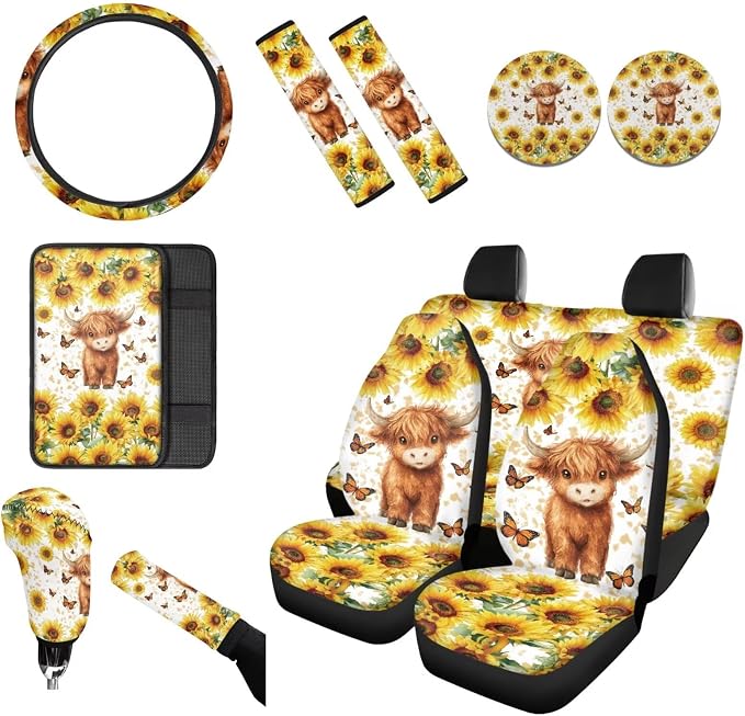 Wanyint Car Seat Cover Set 12 PCS, with Steering Wheel Cover Seat Belt Armrest Handbrake Gear Shift Knob Cover Set Coasters Auto Accessories, Cute Highland Cow Sunflower