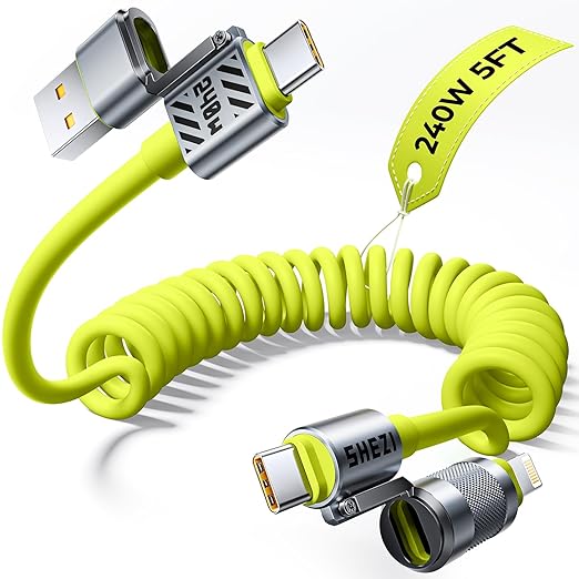 Coiled Green Cable 4-in-1 USB C Cable 240W Compatible with Lightning Cable Fast Charging & Data Transfer, Support to CarPlay & Android Auto, 5FT Multi Cord Combo Charger for iPhone/iPad