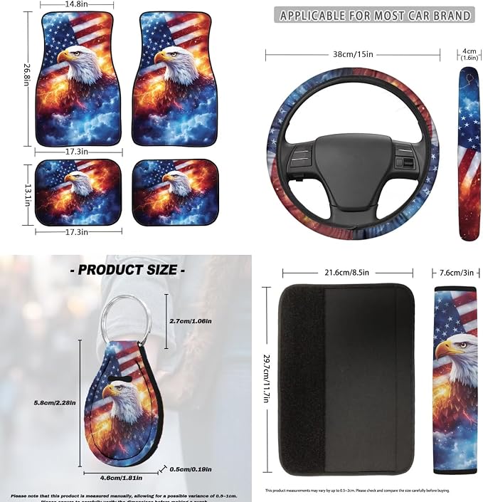 American Flag Eagle Car Seat Covers Car Floor Mats Steering Wheel Cover Armrest Pad Seat Belt Pads Roof Handle Wraps Cup Coaster Keychain Auto Accessories Set of 18 (Lightning Design)