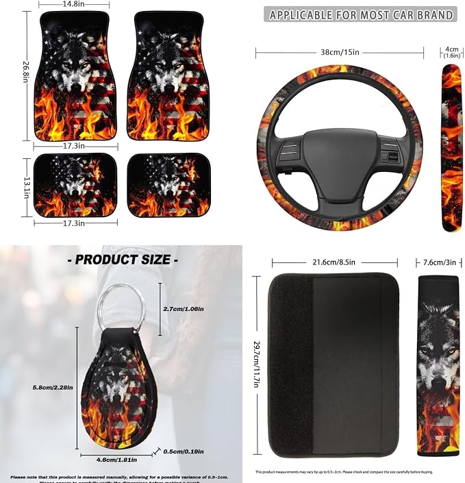 USA Flag Flame Wolf Car Interior Accessories Set of 18, Car Seat Covers Full Set with Floor Mats Steering Wheel Cover Shoulder Pads Roof Gloves Armrest Pad Cover Cup Coaster Keychains