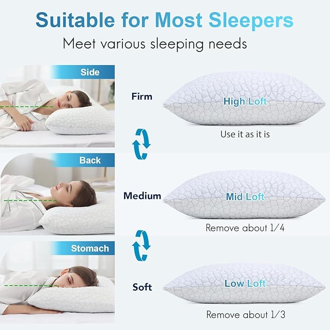 QUTOOL Cooling Pillow for Sleeping, CertiPUR-US Shredded Memory Foam Queen Pillow Set of 1, Cool Pillow for Hot Sleepers Adjustable Firm Pillow for Side, Back, Stomach Sleepers Soft Yet Support, White