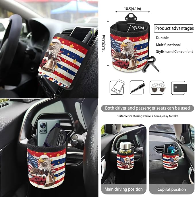 Wanyint Car Seat Cover Covers with Steering Wheel Seat Belt Rearview Mirror Accessories Trash Bag Cup Holder Keychain US 250th Anniversary Auto Decoration, 15 Pack, American Flag Eagle Star Stripe