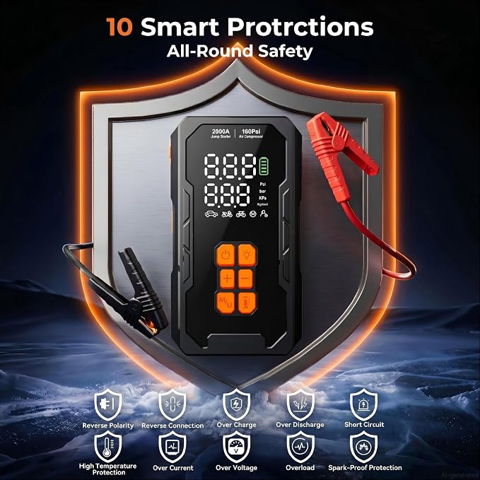 Jump Starter with Air Compressor 160PSI, 12V Car Battery Jumper Starter Portable (8.0L Gas/6.0L Diesel), Car Battery Charger Jump Box Cables with Auto-Shutoff Tire Inflator and LED Light, Black