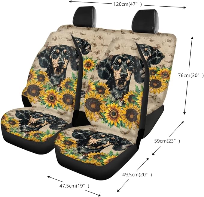 Dachshund Sunflower Butterfly Print Car Seat Covers Full Set, Auto Accessories Pack of 13, 1 Soft Steering Wheel Cover, 4 Seat Belt Covers, 4 Washable Coasters, Universal Fit Most Cars