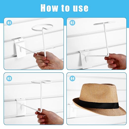 Kigley 6 Pcs Hat Display Wall Mount, Metal Hat Helmet Rack Retail Store Display Shelves Organizer, Slat Wall Accessories for Home Retail Shop Racks Craft Show Garage (White)