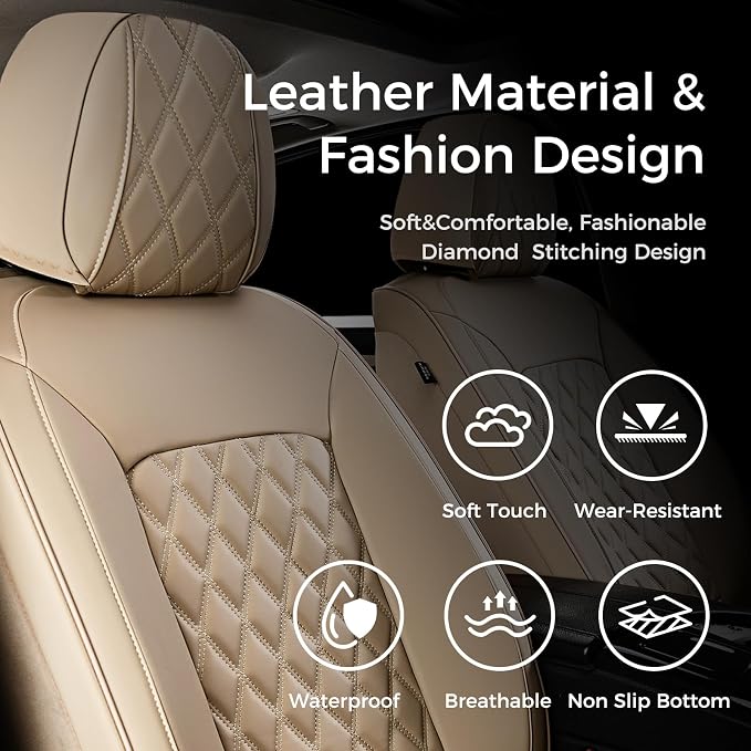 Huidasource Seat Covers for Car, Beige Car Seat Covers, Front and Split Rear Bench Seat Covers, Leather Seat Cushion Cover Protector Universal Fit for Most Cars,Vans,Trucks, SUVs (Full Set/Beige)