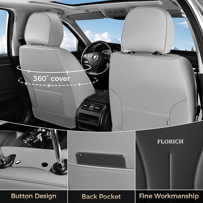 FLORICH Car Seat Covers Full Set, Leather Seat Covers for Cars, Waterproof Car Seat Protectors 5 Seats, Front and Rear Seat Covers for Cars, Automotive Seat Protector Fit for Most Car SUV Truck
