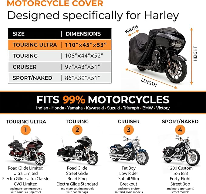 Motorcycle Cover for Harley Davidson Ultra Limited, Road Glide Limited, Street Glide Ultra, Gold Wing and Other Touring Bikes with Tour Pak/Trunk, Waterproof Heavy Duty All Weather Outdoor Storage
