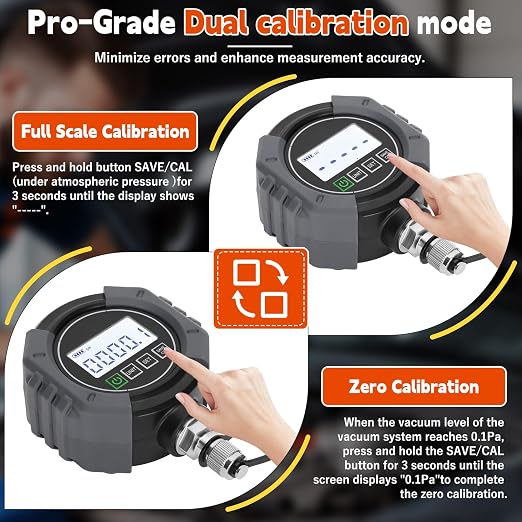 Pro Digital Vacuum Gauge, HVAC Pressure Tester with Alarm， HVAC Micron Gauge 0-75,000 Microns, 7/16-20 UNF, 1/4 inch SAE, Temp Compensation, LCD Backlit Display