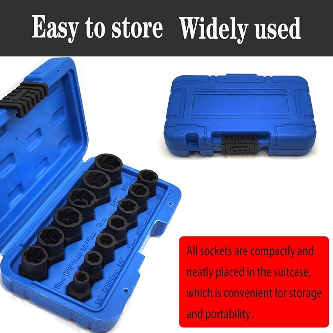 14PCS Twist Lug Nut Socket Set - 3/8 inch Drive Damaged Nut Lock Remover Extractor - Rusted & Stubborn Locking Nut Removal Tool Kit Center Punch Bar