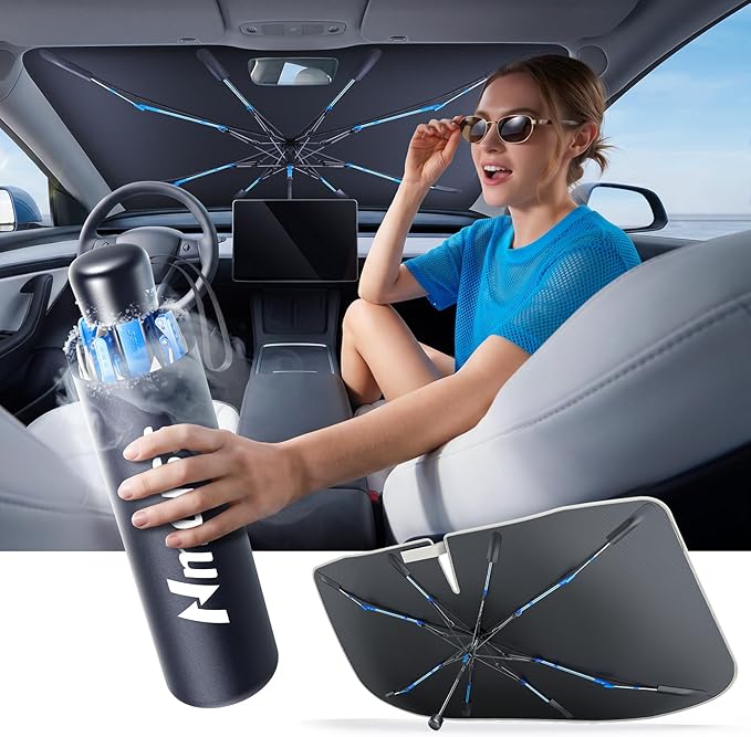 Upgraded Nmoiss Windshield Sun Visor [Ice Rib] High Speed Cooling 99% UV Blocking Protects Car from Sun and Heat Damage, Keeps Cool and Protects Interior Small (52" L x 31" W)