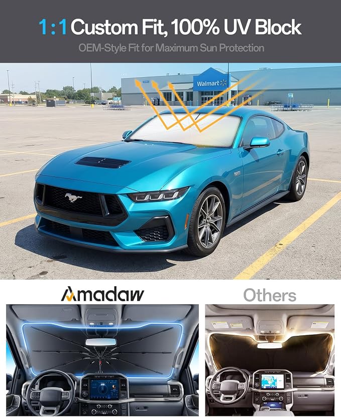 Windshield Sun Shade for Ford Mustang 2000–2026, Foldable Umbrella Sunshade with 100% UV Block, Multi-Layer Heat Insulation, Reinforced 10-Rib Frame, Keeps Car Cooler, Summer Car Accessory