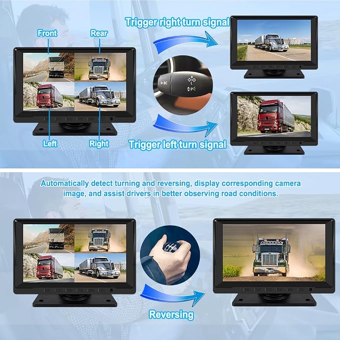 VSYSTO 4CH Backup Camera, 7'' Monitor 1/2/3/4 Split Screen Display Truck Dash Cam Vehicle DVR 720P Front & Sides & Rear Camera Infrared Night Vision Lens for Semi Trailer Van Tractor RV (Black-X7H)