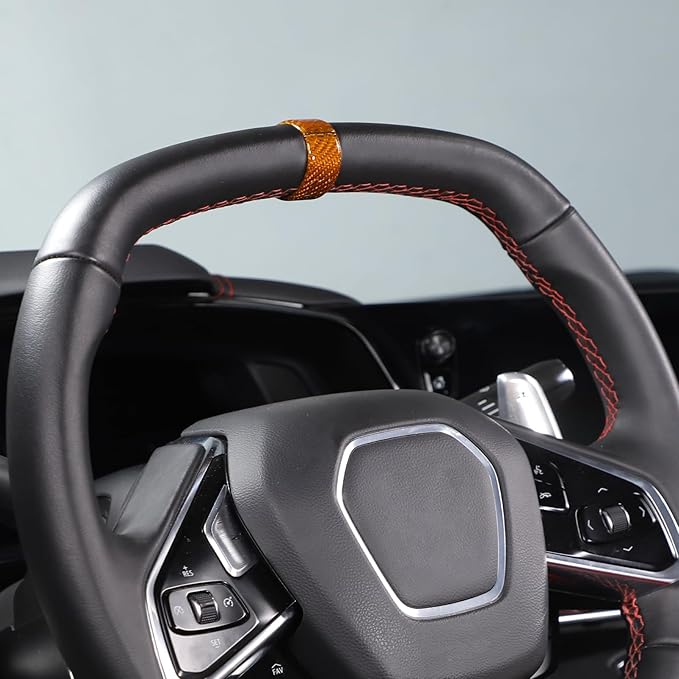 Daeiclru Real Carbon Fiber Steering Wheel Circle Cover Sticker Compatible with Chevrolet Corvette C8 Stingray 2020-2025, Steering Wheel Top Center Guide Decorative Accessories (Yellow)