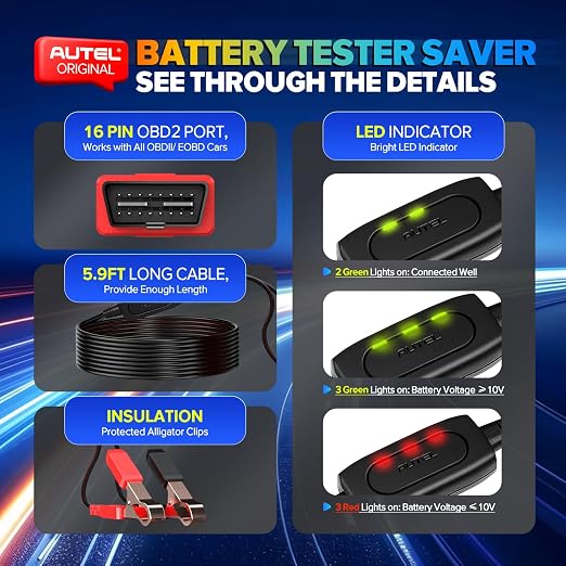 Autel OBD2 Memory Saver for Car Battery, 2026 MaxiBAS BTMS for All 12V Vehicles, Preserve ECU Code & Electronic Presets, Maintain PCM Data, Polarity Protection, Built-in Voltage Meter, LED Lights