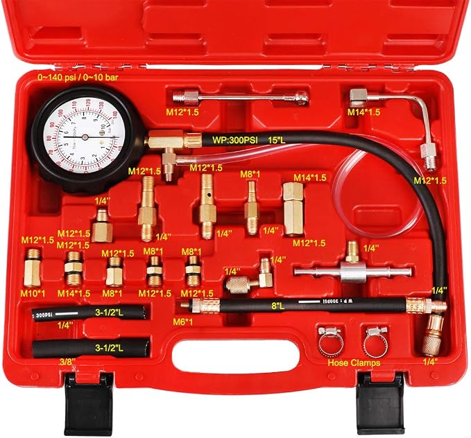 JIFETOR Fuel Injection Pump Pressure Tester Gauge Kit, Car Gasoline Gas Fuel Oil Injector Test Manometer Tool Set 0-140PSI, Universal for Auto Truck SUV Motorcycle ATV RV