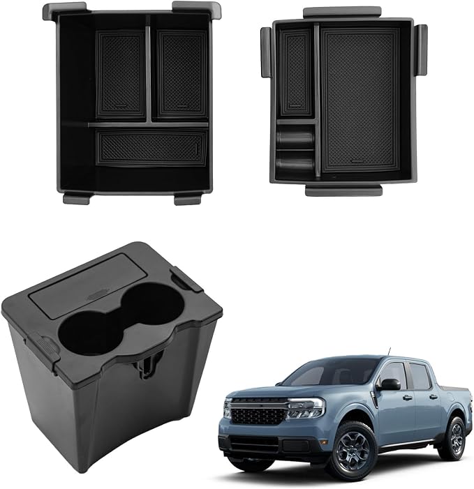 Center Console Organizer Bundle with 2022-2026 Ford Maverick Trash Can Multi-Function Trash Bin with Cup Holder Trash Bin Extra Rear Storage Box for 2025 Maverick Accessories (Upgraded)