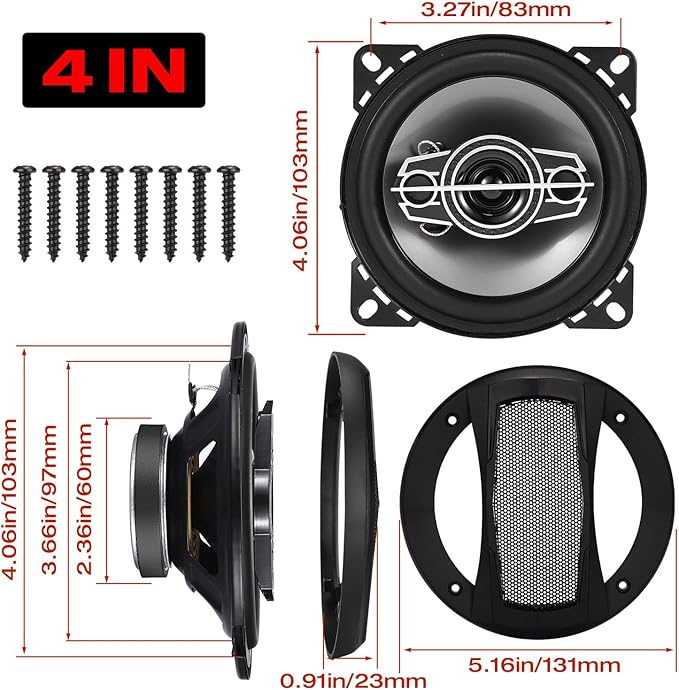 4" 4-Way Coaxial Car Audio Speakers, 220W Max, 4 Ohm, W/PEI Dome Tweeters, Compact for Front or Rear Doors (Pair)