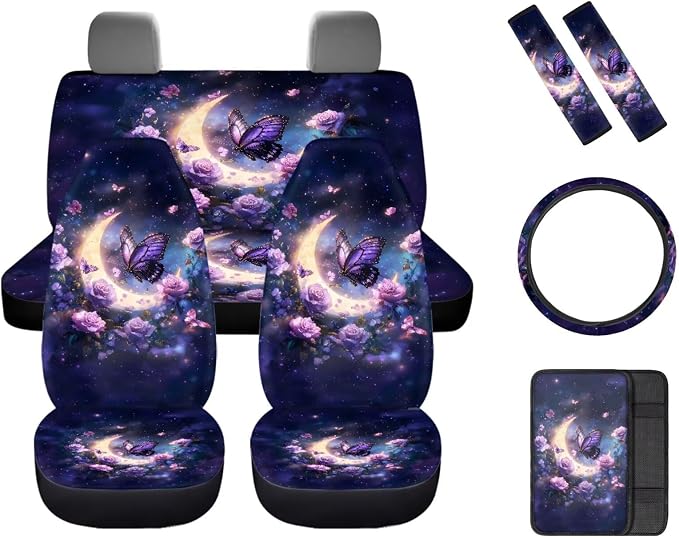 8 Pcs Purple Butterfly Rose Car Interior Accessories Set for Women, Car Seat Covers, Auto Steering Wheel Cover, Auto Center Console Pad, Seat Belt Covers