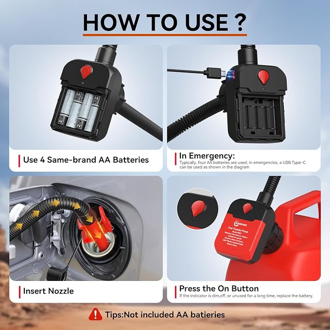 Fuel Transfer Pump with Auto-Stop, 4.2 GPM Battery or USB-Powered Petrol Pump for Fuel Cans, Portable Electric Petrol Transfer Pump with 51" Hose & 4 Adapters for Fast, Safe and Spill-Free Refuelling