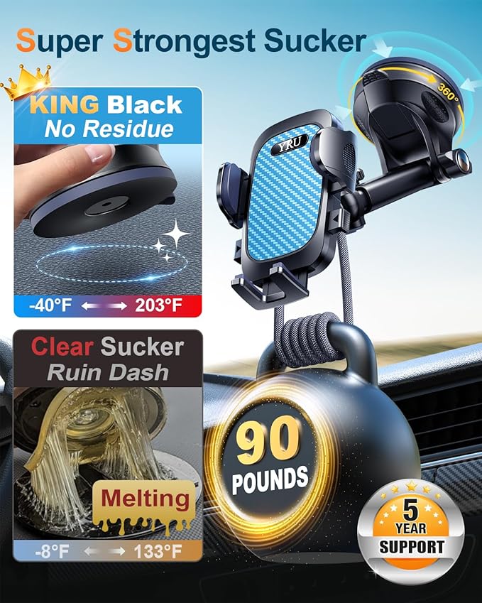 YRU True Military-Grade [360° Rotation Suction] 2026 Ultimate Car Phone Holder Mount 【90+LBS Safest Strongest & Patent Certs】 Dashboard Windshield Vent for iPhone 17 16 Pro Max Samsung, Royal Blue