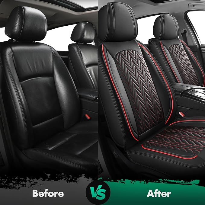 SCITOO Front F150 Seat Covers,2PCS Truck Seat Covers Faux Leather Seat Cover Full Set Pickup Seat Cover Fits for 2015-2024 Ford F150 F250 F350 (Front,Black and Red)