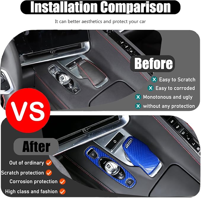 Set of 2 Genuine Carbon Fiber Gear Shift Panel Cover Trim for Corvette C8 2020-2025 Gear Shift Knob Head Protection&Console Gear Shift Button Panel P D Auto M Button Frame Accessories (Blue)