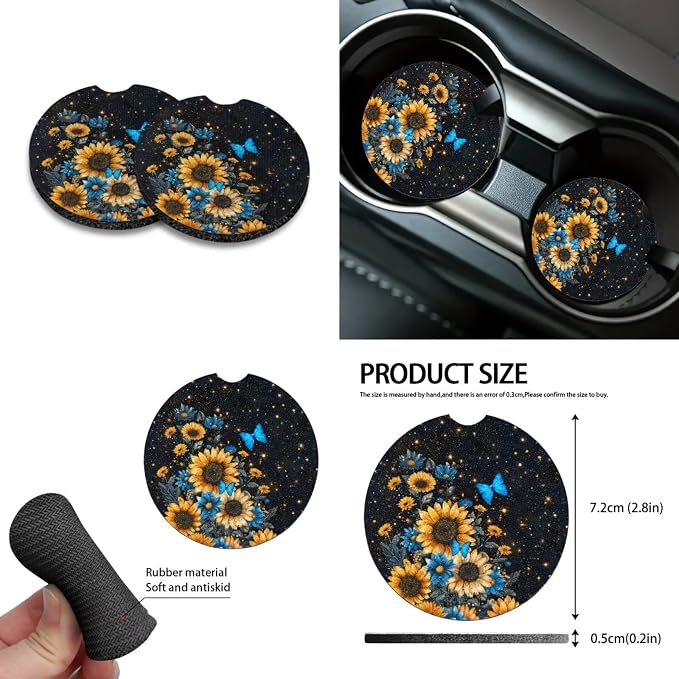 Sunflower Butterfly Pattern 10 Pieces Car Accessories, Auto Seat Covers Full Set Steering Wheel Cover Cup Holders Car Garbage Can Air Vent Storage Bag Keychains Universal Fit for Most Cars