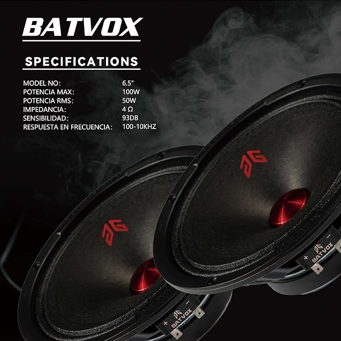 MX65P1 Loudspeaker 6.5 Inch Midrange 200 Watts 4 Ohms Red Dust Cap, Premium Quality Audio Door Speakers for Car or Truck Stereo Sound System, Black (2 Speakers)