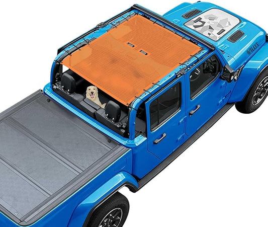 JT Top Sun Shade Roof Compatible with Jeep Gladiator 4 Door 2018 to 2023 Sunshade Sunroof Bikini Cover Blocks UV Wind Noise Orange Mesh for Full Length