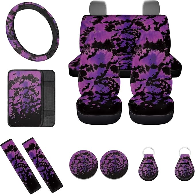 Halloween Bat Car Seat Covers Full Sets 12Pcs Tie Dye Bat Car Steering Wheel Covers+Coaster+Keychain+Armrest Pads for Women Men，Universal Fit Automotive Interior Sets Halloween Decoration