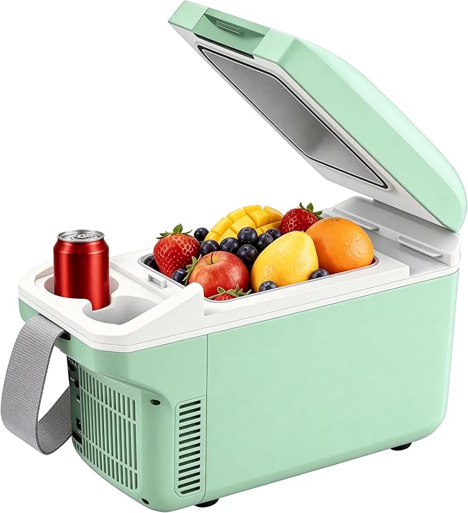 Iceblue Electric Cooler with Type-C, 8 Liter /11 Cans Mini Fridge with Belt, 9V Type-C Thermoelectric Dual-use Car Refrigerator, Car Fridge for Car, Dorm, Travel, Picnic, Gift (Green)