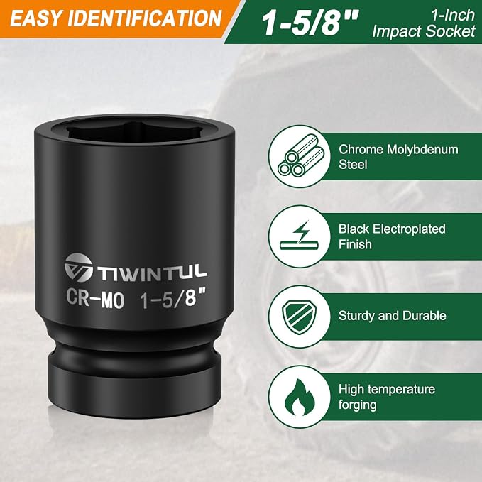 1-5/8" Impact Socket 1" Drive, 6 Point Design, CR-MO Large Impact Socket, ANSI Certified, Heavy Duty Socket 1 Inch Drive for Truck Axle Nuts, Heavy Equipment, Mining & Fleet Repair