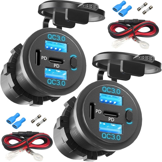 2PCS,Dual PD USB C Ports & Dual USB Quick Charge 3.0 Ports 12V USB Outlet with Switch, VANONE Waterproof and Dustproof Car Charger Socket, Accessories for Car Boat Marine Motorcycle RV ATV Golf Cart