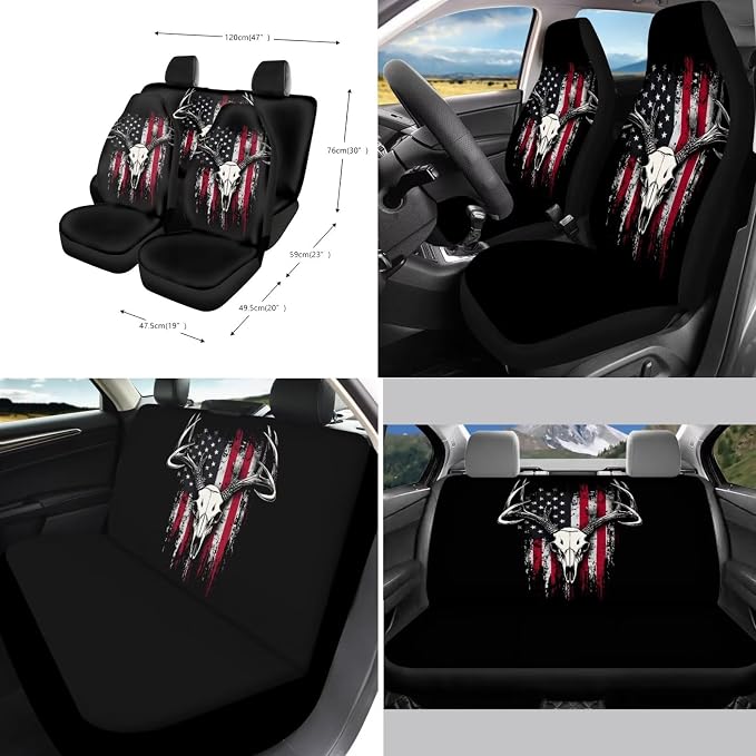 Xoenoiee American Flag Elk Bone Print Car Seat Covers and Accessories, Front Rear Seat Covers, Steering Wheel Cover, Seat Belt Pads, Coasters, Keychains for Car SUV Decor, 11 PCS Set