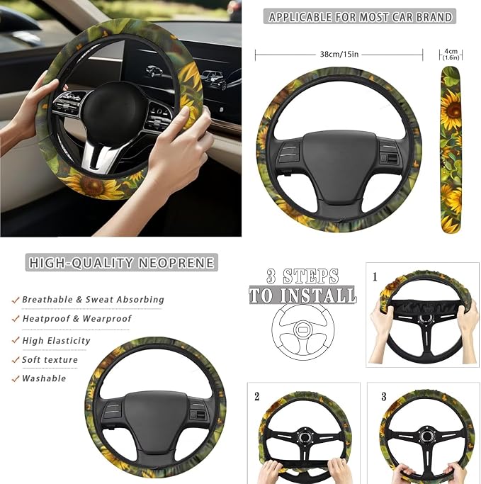 Sunflower Hummingbird 15 PCS Car Seat Cover Set with Auto Steering Wheel Cover Seat Belt Strap Protector Cup Holder Trash Bag Rear View Mirror Protector Keychain