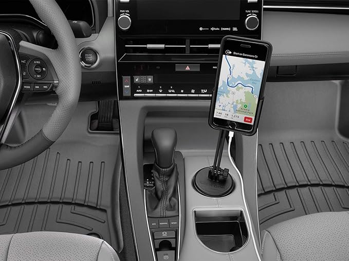 WeatherTech CupFone Two View with Extension – Adjustable, Universal Cup Holder Cell Phone Mount Car & Truck Accessory – Best Design for iPhone & Smartphone Charging – Silver Metal Knobs