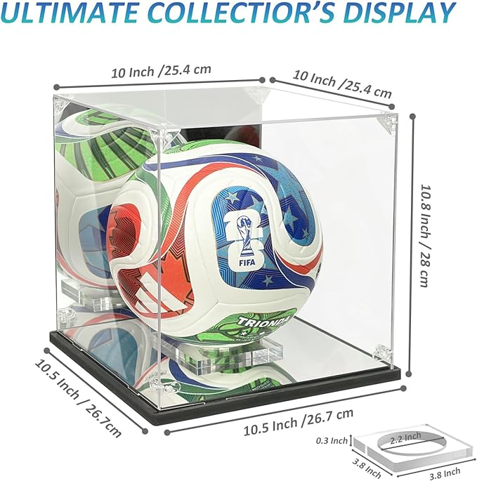 Acrylic Soccer Ball Display Case - Mirror Back & Base, UV Protection Dustproof Box for Autographed Size 5 Soccer Ball - Heavy Duty Memorabilia Cube Holder with Removable Stand (10.5" x 10.5" x 10.8")