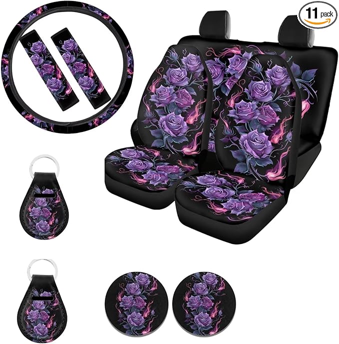 Ystardream Elegant Floral Car Seat Covers Full Set Car Accessories for Teen Girly Interior Cute Set Polyester Fabric Vehicle Seat Protector Covers with Steering Wheel Cover Machine