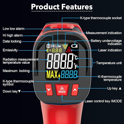 Infrared Thermometer Gun, Digital Laser Temperature Gun with Probe, -40°F~1472°F Non-Contact IR Thermometer with Adjustable Emissivity for Cooking, Pizza Oven, Griddle, Grill & Meat