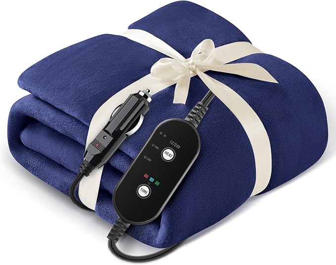 Heated Car Blanket 12/24 Volt Electric Blanket for car, Portable Heated Blanket for Car, Truck, SUV, RV & Camping, Machine Washable, with Temperature Controller 60" x 43"
