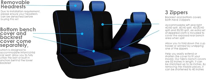 FH Group Automotive Seat Covers Edgy Piping Seat Covers Full Blue Set Interior Accessories,Universal Fit Combo Vinyl Floor Mats Seat Covers Car for Cars and Vans Airbag and Split Rear Automotive