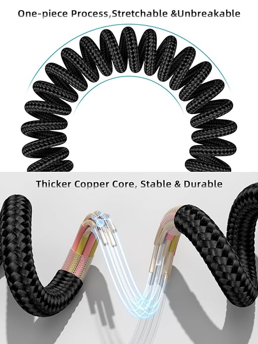 Quickeep Car Carplay Cable 3ft Coiled USB A to USB C Fast Charge Cord for iPhone 16/15/Plus/Pro Max/MacBook Pro, Auto Coiled Retractable iPhone Car Cord
