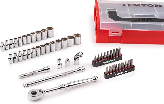TEKTON 1/4 Inch Drive 12-Point Socket, Bit, and Ratchet Set with Mini Stacking Tool Box (49-Piece) | SKT06301