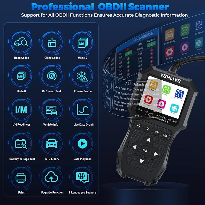 OBD2 Scanner Diagnostic Tool, Check Engine Light Car Code Reader with Reset, Battery Tester, Live Data, Freeze Frame, I/M Readiness, Car Scanner Diagnostic Tool for All OBDII Car After 1996