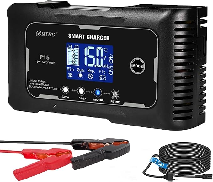 Battery Charger, Smart 0-15A 12V/24V Trickle Charger, Portable Car Battery Charger with 9 Stages of Charging for LiFePO4, Lead Acid, and Lithium Batteries, with Battery Repair Function