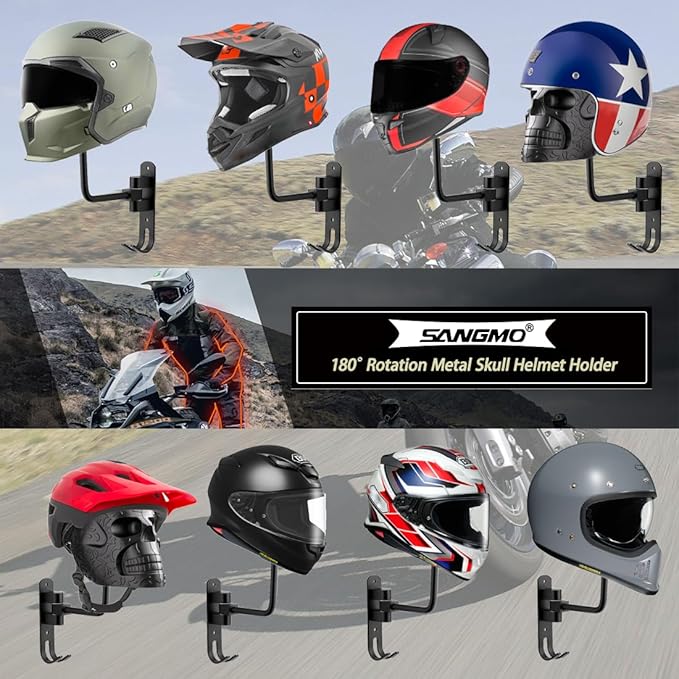 SANGMO Metal Skull Helmet Holder, Motorcycle Helmet Rack 180 Degree Rotation Wall Mount with 2 Hooks for Motorcycle Bike Baseball Rugby - Black
