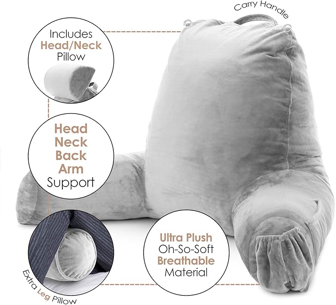 Nestl Reading Pillow with Shredded Memory Foam Includes 2 Neck and Lumber Support Pillows, Designed for Sitting Up in Bed and Couch, Back and Arms Adjustable Support for Adult & Teens, Light Grey