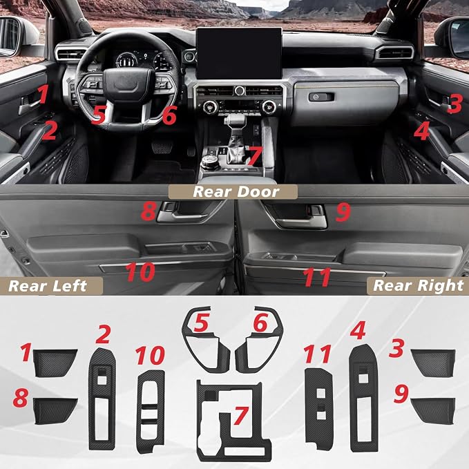 Muslogy Interior Trim Kit Cover 11PCS for 2024 2025 2026 Toyota Tacoma & 2025 2026 4Runner Steering Wheel Center Console Window Switch Inner Door Cover(Won't Fit 2Door Tacoma) (Matte Carbon Fiber)