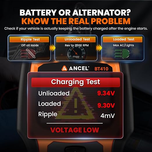 ANCEL BT410 12V 24V Car Battery Tester for Lead-Acid & Lithium Batteries, 100-2000 CCA Automotive Battery Load Tester Health Cranking Charging System Alternator Test for Motorcycle Car Truck RV Boat